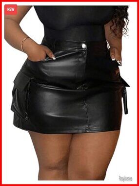 Plus Size PU Leather Mini Cargo Skirt High Waist Flap Pocket Streetwear
